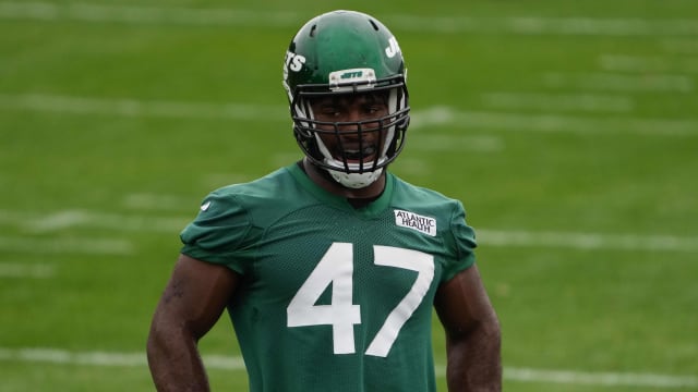 Oct 8, 2021; Ware, England, United Kingdom; New York Jets defensive end Bryce Huff (47) during a practice at the Manor Marriott Hotel and Country Club.